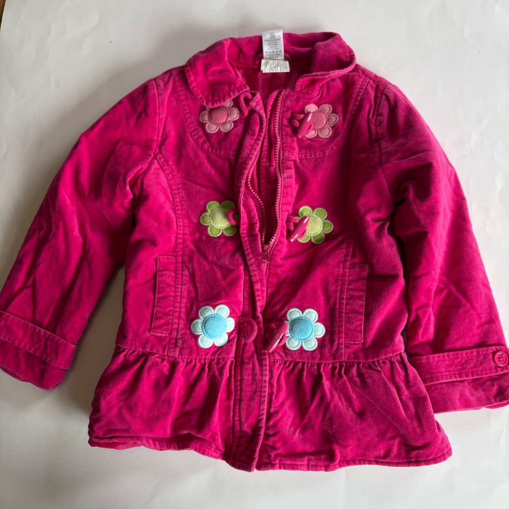 Gymboree Girls Hot Pink Corduroy Flower Toggle Jacket Ruffle Hem Size S 5-6